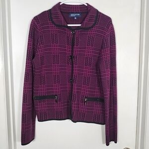Jones New York Women's L Purple Black Button Cardigan Sweater Collar Cotton